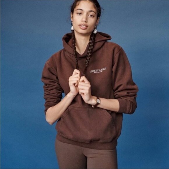 Sporty & Rich Wellness Studio Hoodie S Chocolate Unisex Fleece Oversized - Picture 2 of 11